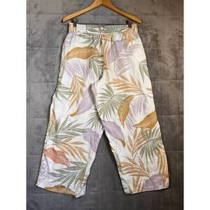 Tahari Pants Women Large Tropical Leaf Print Wide 24" Crop Linen Pull On Pockets